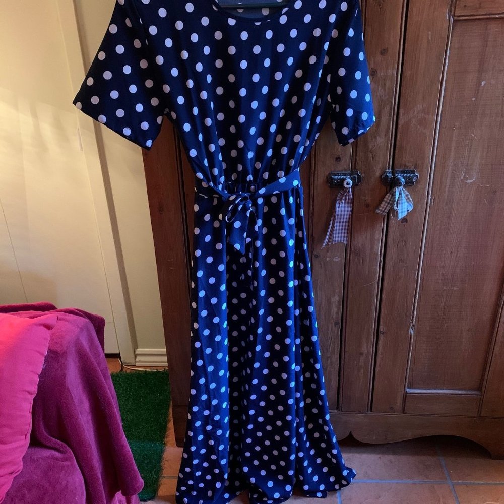 Dress. Polka dots, Marine and white, Size 8.